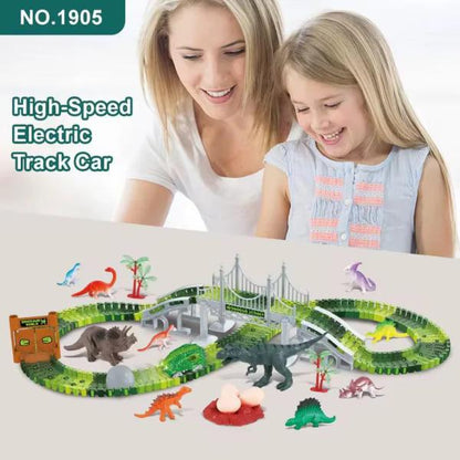 DIY Dinosaur Race Track Set 117 Pcs Flexible Tracks with Electric Car Dinosaur Figures & Bridge Perfect Gift for Kids 3+