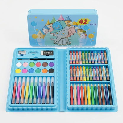 42PCS Kids Art Set Drawing Kit Children's Colouring Set with Crayons, Felt Pens & Watercolour Paints Portable Carry Case