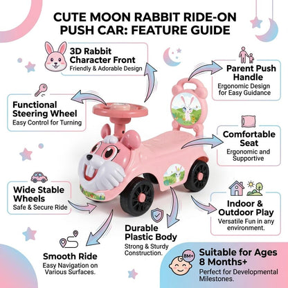 Kids Ride On Push Car with Parent Handle Rabbit Design Toddler Push Along Car Steering Wheel Indoor Outdoor Toy Blue or Pink 8 Months+