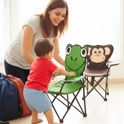 Kids Foldable Camping Chair with Cup Holder & Carry Bag Portable Animal Outdoor Chair for Garden, Beach & Picnic Monkey or Frog 50kg Capacity
