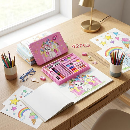 42PCS Kids Art Set Drawing Kit Children's Colouring Set with Crayons, Felt Pens & Watercolour Paints Portable Carry Case