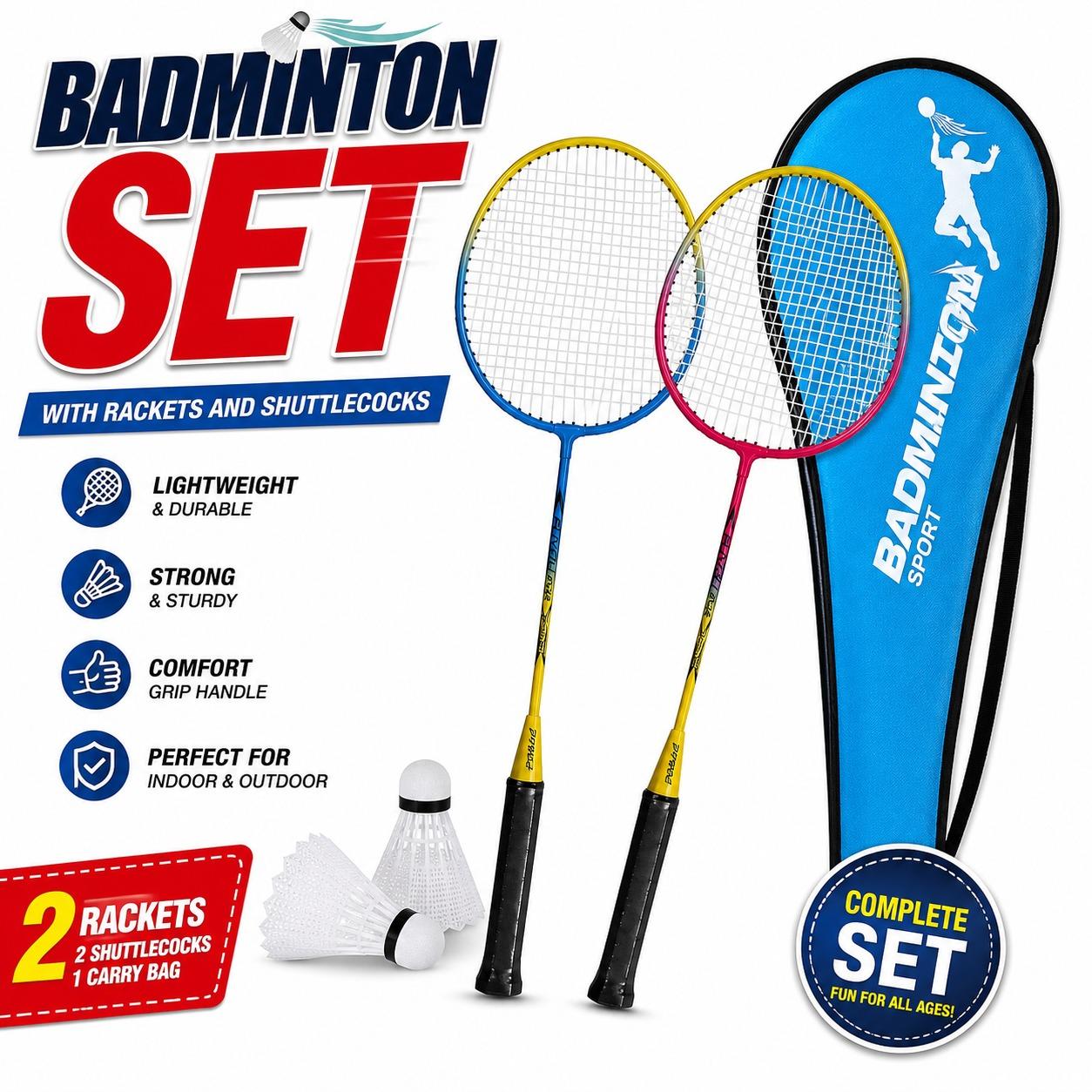 4 Piece Badminton Set with 2 Rackets & 2 Shuttlecocks Lightweight Outdoor Garden Sports Game for Adults & Kids