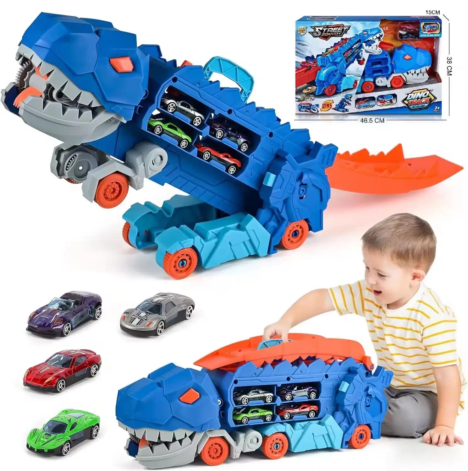 Dinosaur Truck Toy Set with Music Foldable Sliding Race Track Transforms into Standing T-rex Best Birthday Gifts Toys Boys Girls