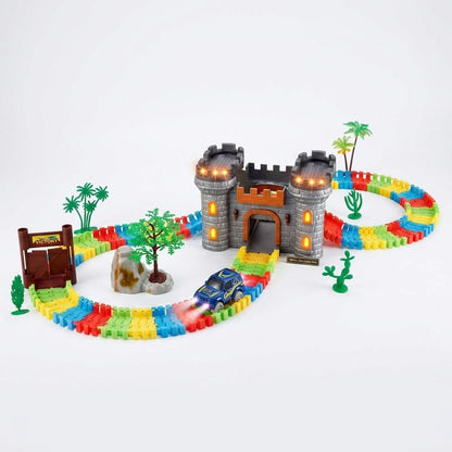 Electric Building Block Track Car Set 158 Pieces Glow in the Dark Racing Track Toy with LED Vehicle Construction Play Set